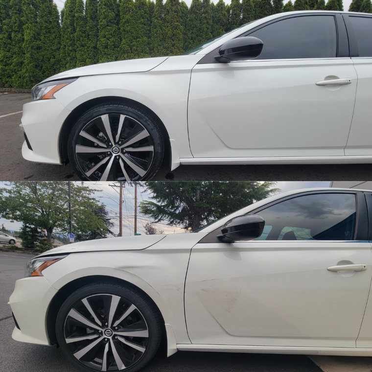 Nissan Altima before and after collision repair at Carheart Auto Tech & Collision in Hillsboro, OR — Full side panel refinish
