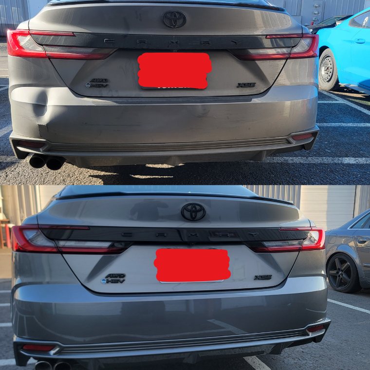 Toyota Camry before and after collision repair at Carheart Auto Tech & Collision in Hillsboro, OR — Rear end collision repair