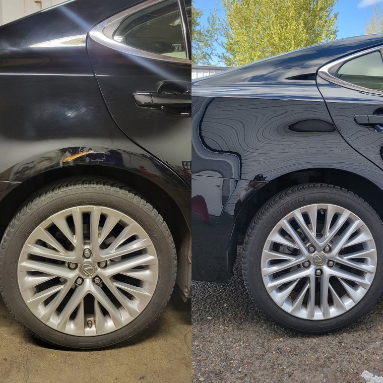 Lexus ES 350 before and after collision repair at Carheart Auto Tech & Collision in Hillsboro, OR — Rear door & wheel arch