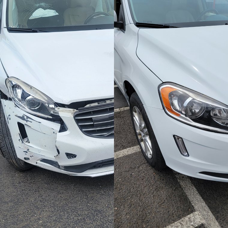 Volvo XC60 before and after collision repair at Carheart Auto Tech & Collision in Hillsboro, OR — Front end collision rebuild