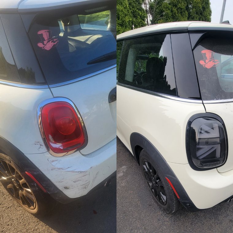 MINI Cooper before and after collision repair at Carheart Auto Tech & Collision in Hillsboro, OR — Rear panel & taillight