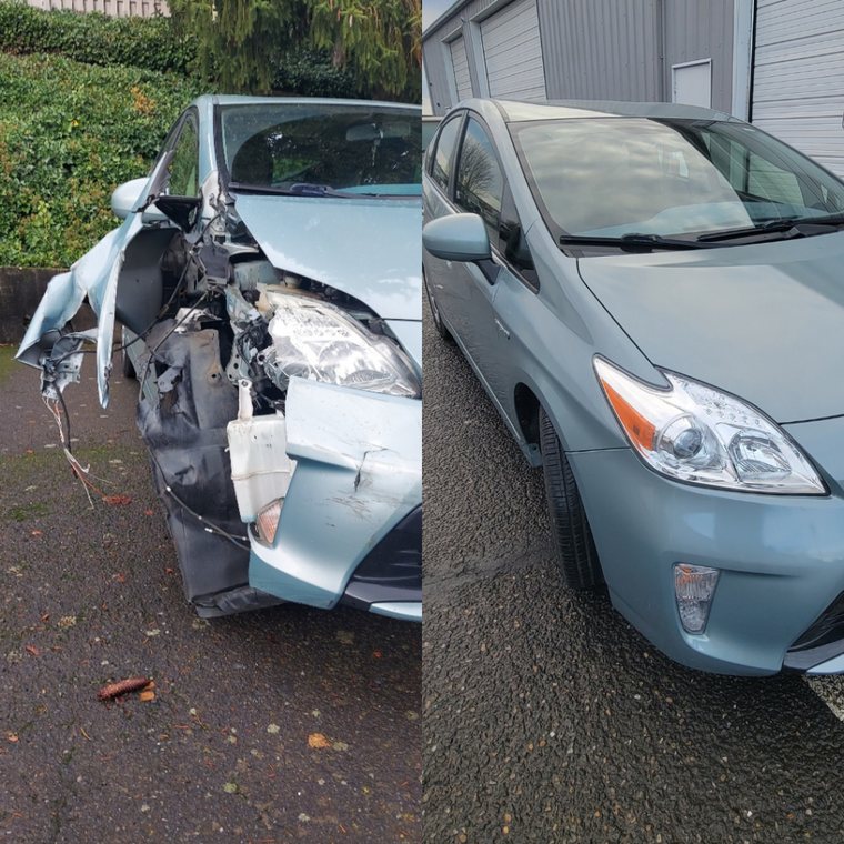 Toyota Prius before and after collision repair at Carheart Auto Tech & Collision in Hillsboro, OR — Major front end restoration