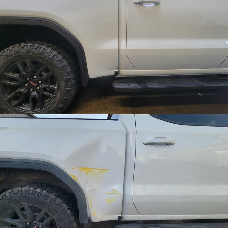 Pickup Truck before and after collision repair at Carheart Auto Tech & Collision in Hillsboro, OR — Bed side & rocker panel
