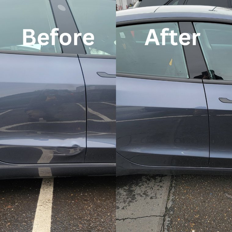 Sedan Door Panel before and after collision repair at Carheart Auto Tech & Collision in Hillsboro, OR — Dent removal & paint blend